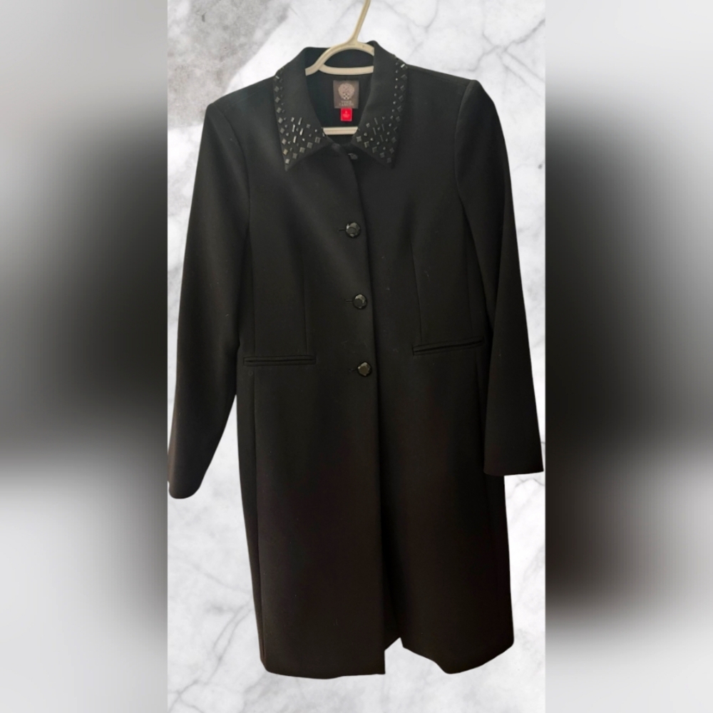 Vince Camuto womens dress coat size 0 (fits 0-4) black rhinestone collar buttons